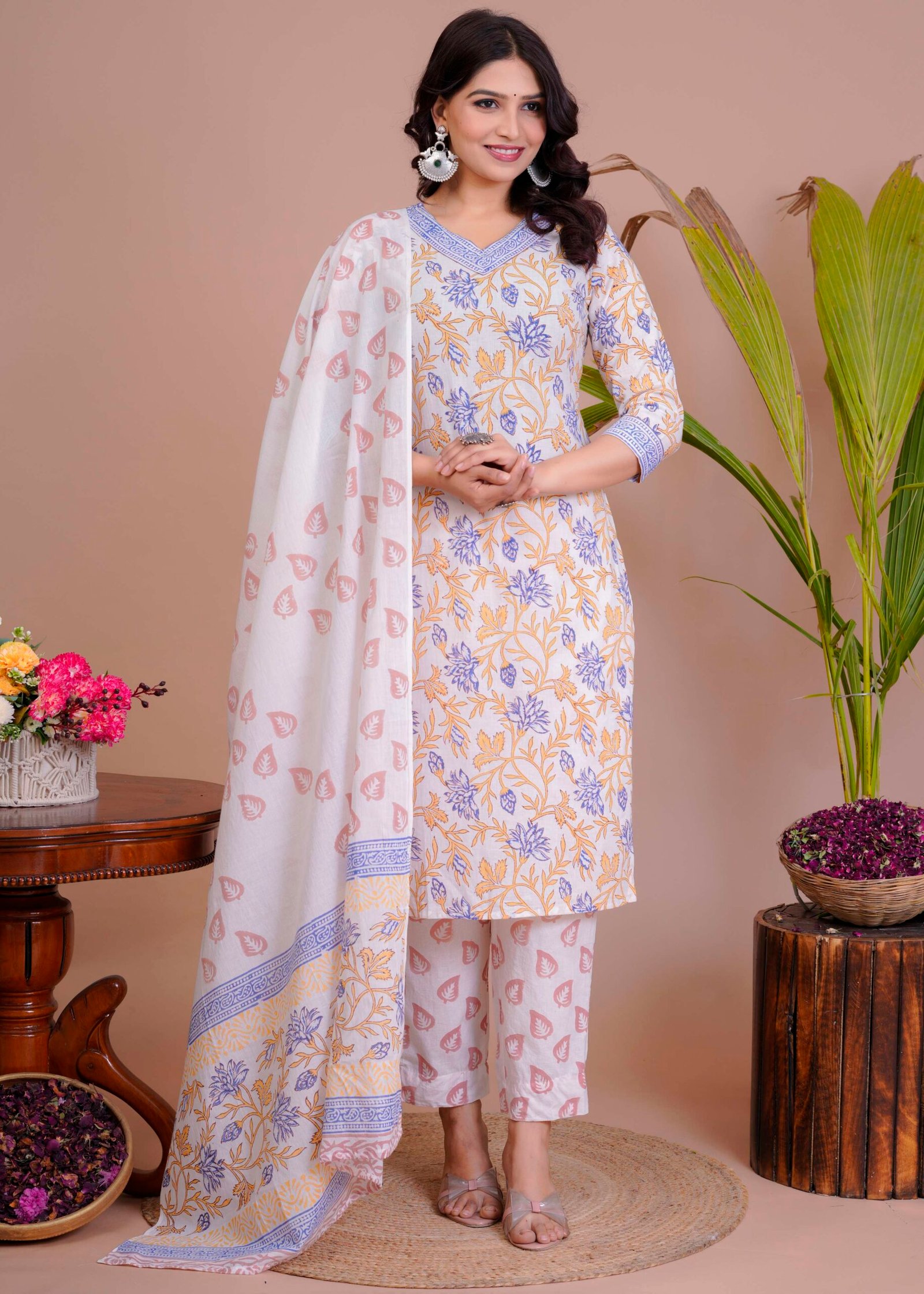 Women's White & Yellow Floral Cotton Straight Kurti with Pant & Dupatta Set - Image 4