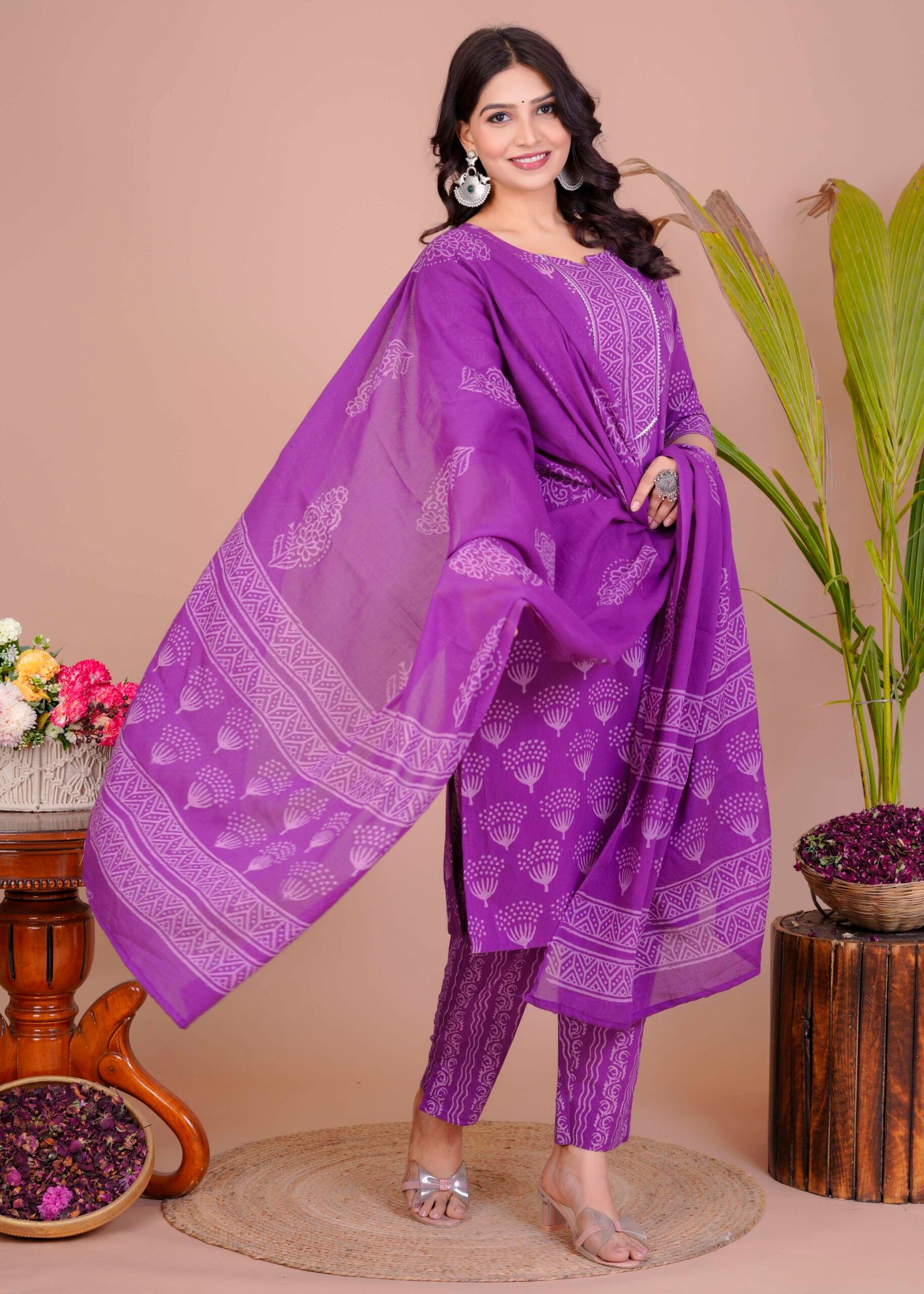 Women's Violet Cotton Printed Straight Kurti with Pant & Dupatta Set - Image 4