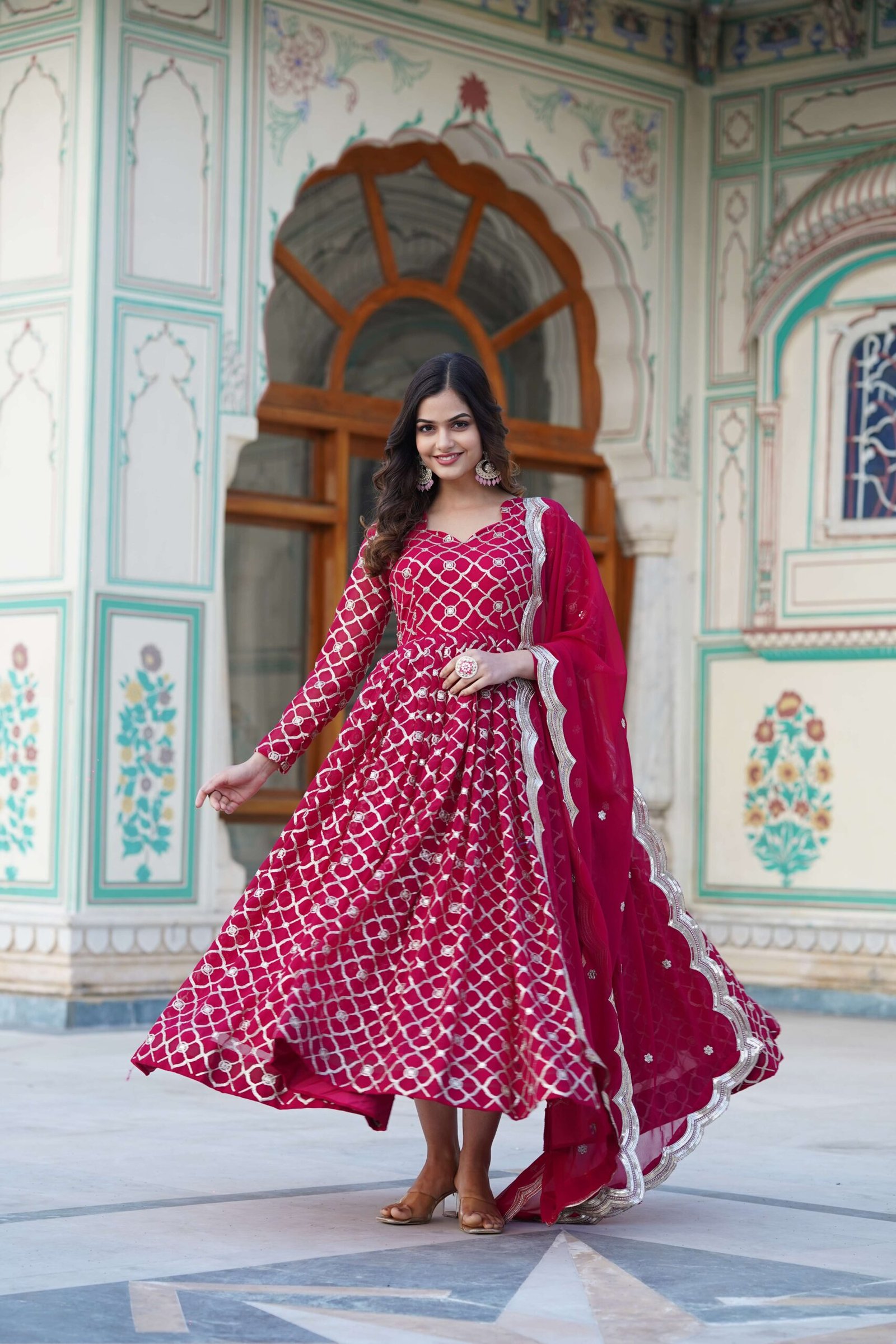 Pink Faux Blooming Designer Gown with Sequined Dupatta ? Elegant Fully Flared Party & Wedding Set - Image 6