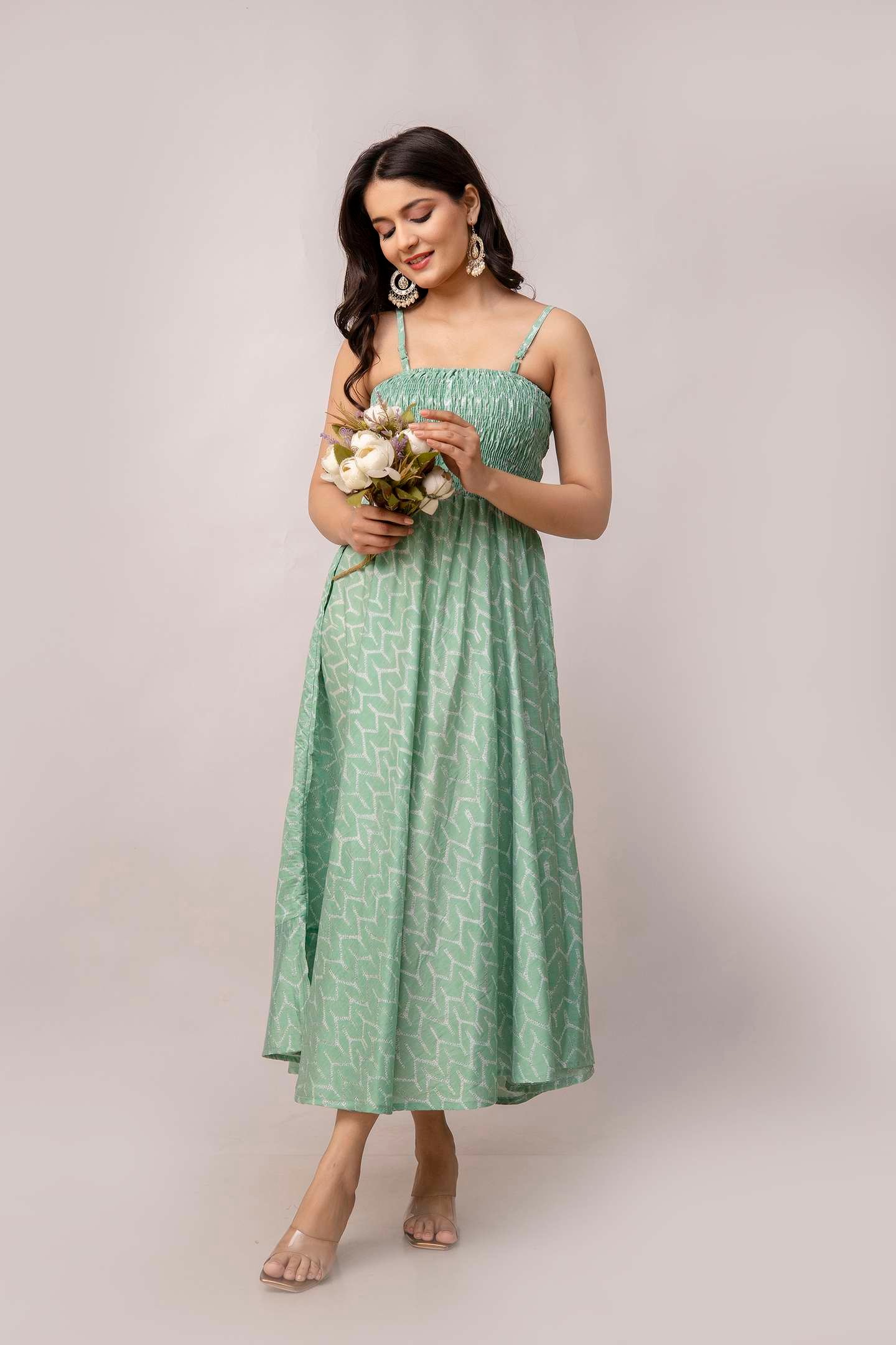 Women's Silk Printed Shoulder Straps Sleeveless Anarkali Gown Drees (GREEN-SUI) - Image 4