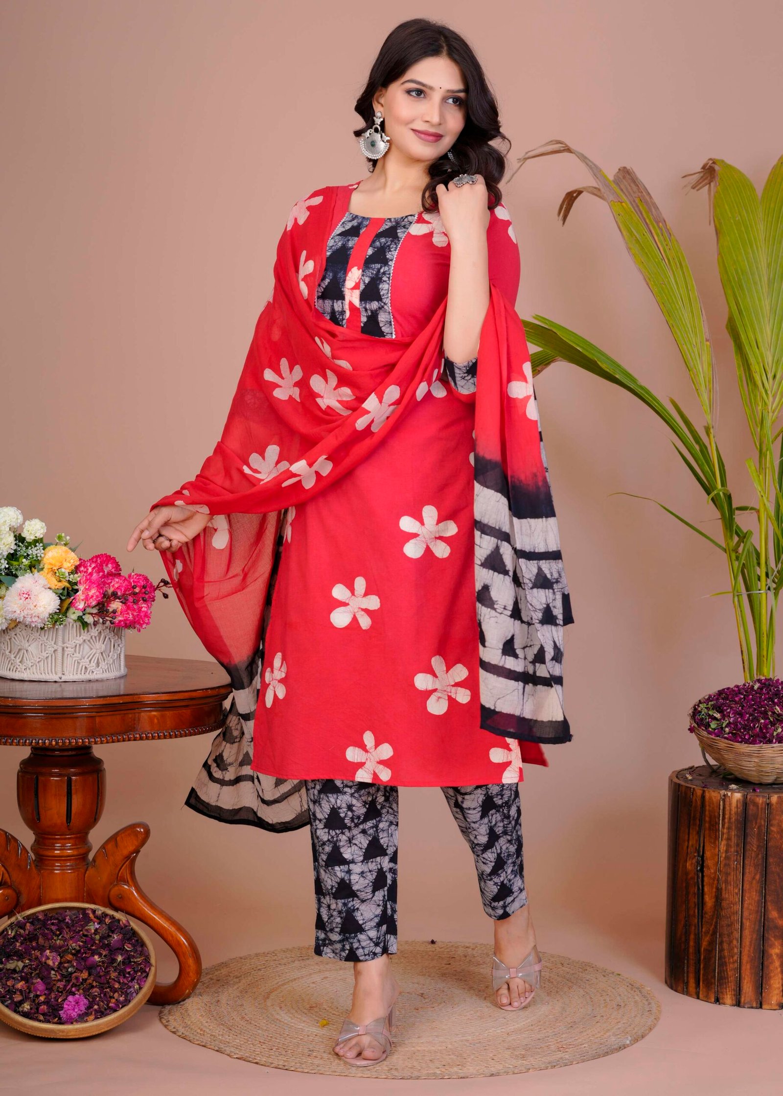 Women's Red Cotton Printed Straight Kurti with Pant & Dupatta Set - Image 2